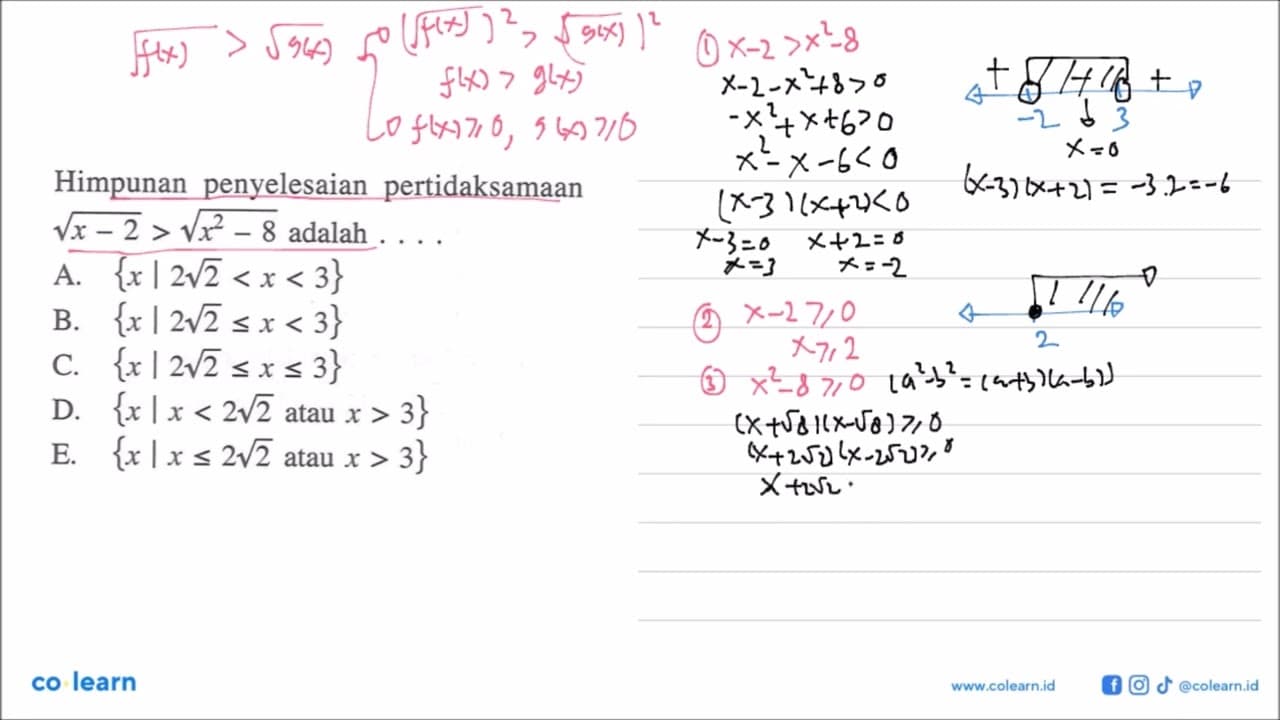 Himpunan penyelesaian pertidaksamaan akar(x-2)>akar(x^2-8)