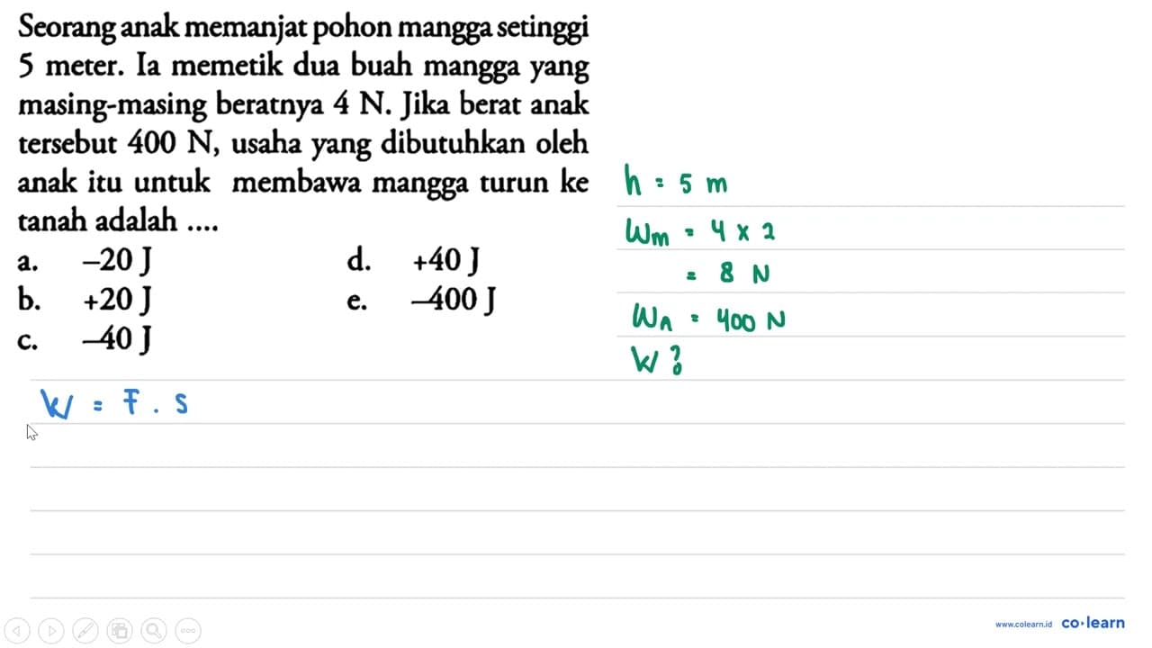 Seorang anak memanjat pohon mangga setinggi 5 meter. Ia