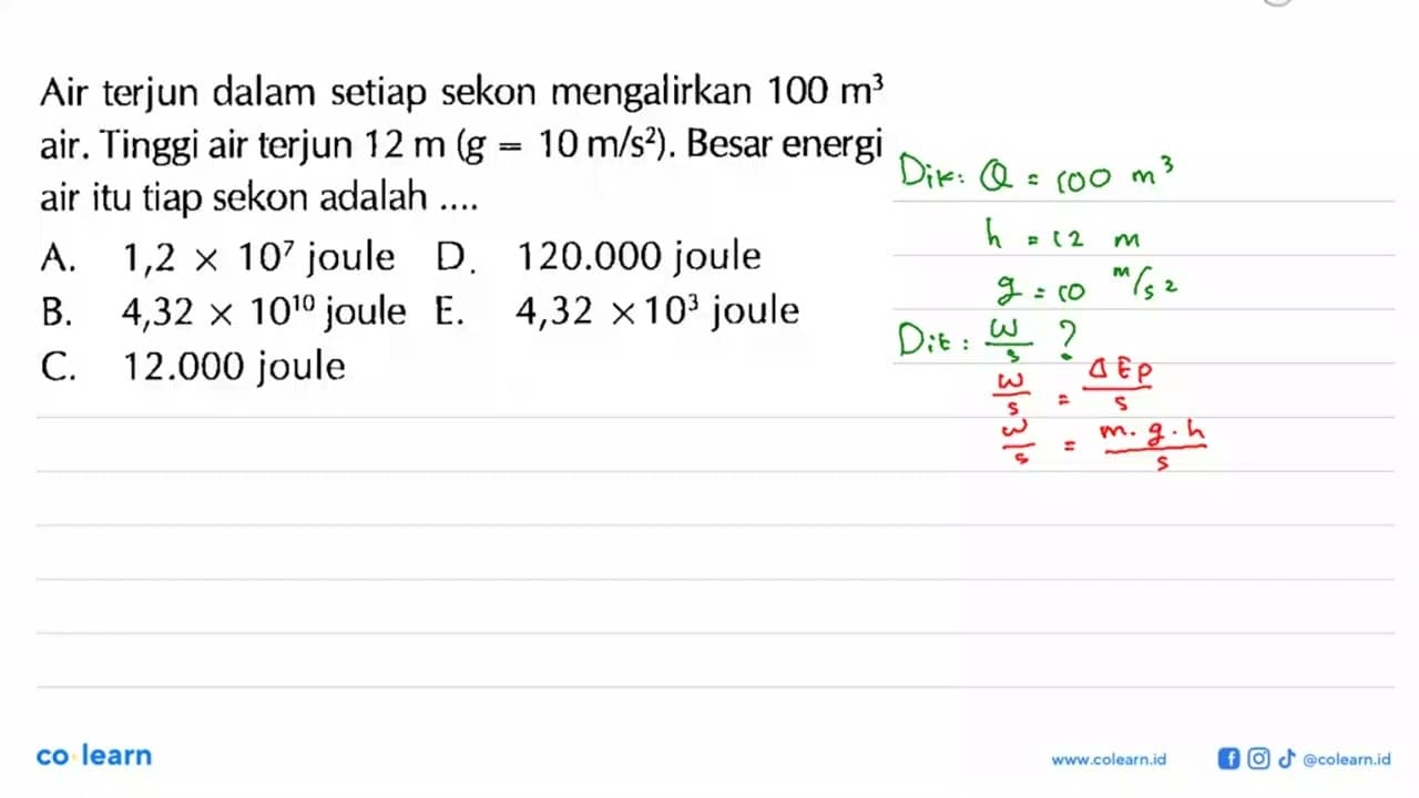 Air terjun dalam setiap sekon mengalirkan 100 m^3 air.