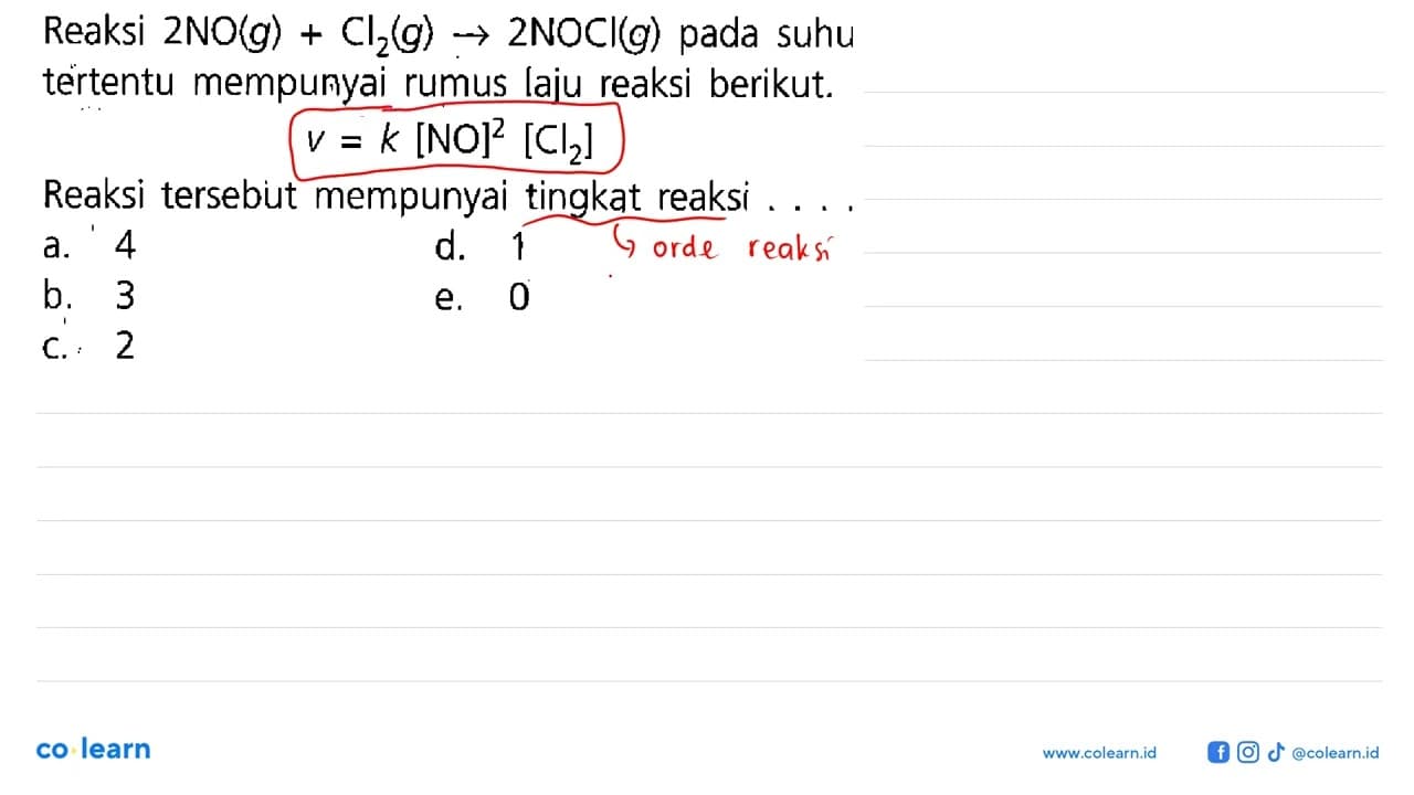 Reaksi 2NO(g) + Cl2(g) -> 2 NOCl(g) pada suhu tertentu