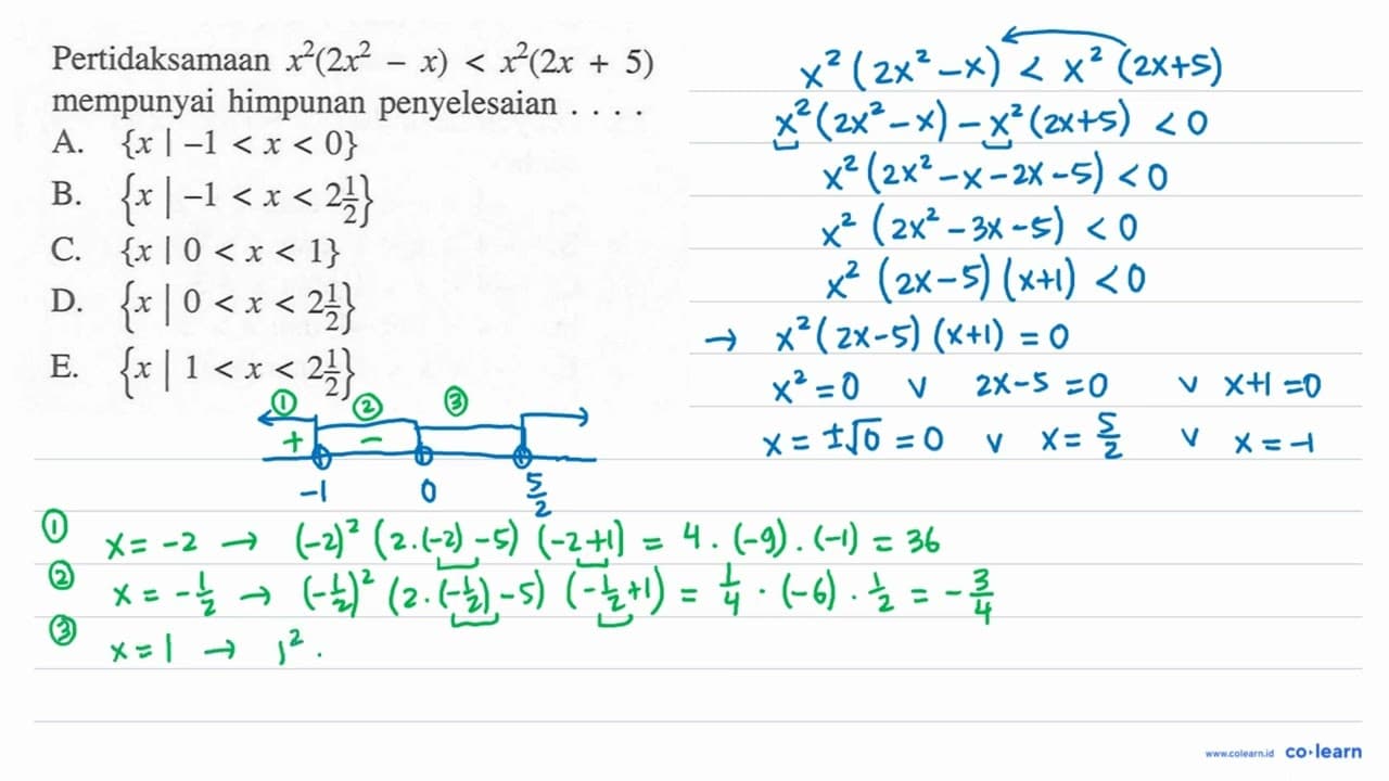 Pertidaksamaan x^2(2x^2-x)<x^2(2x+5) mempunyai himpunan