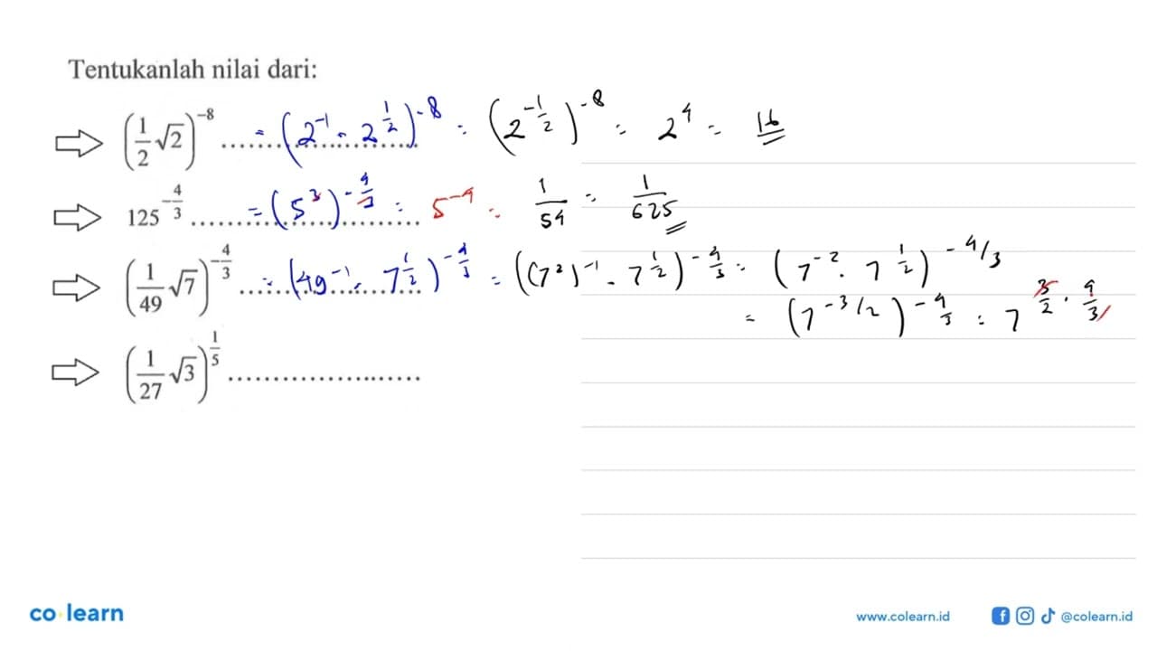 Tentukanlah nilai dari: (1/2 akar(2))^(-8)................