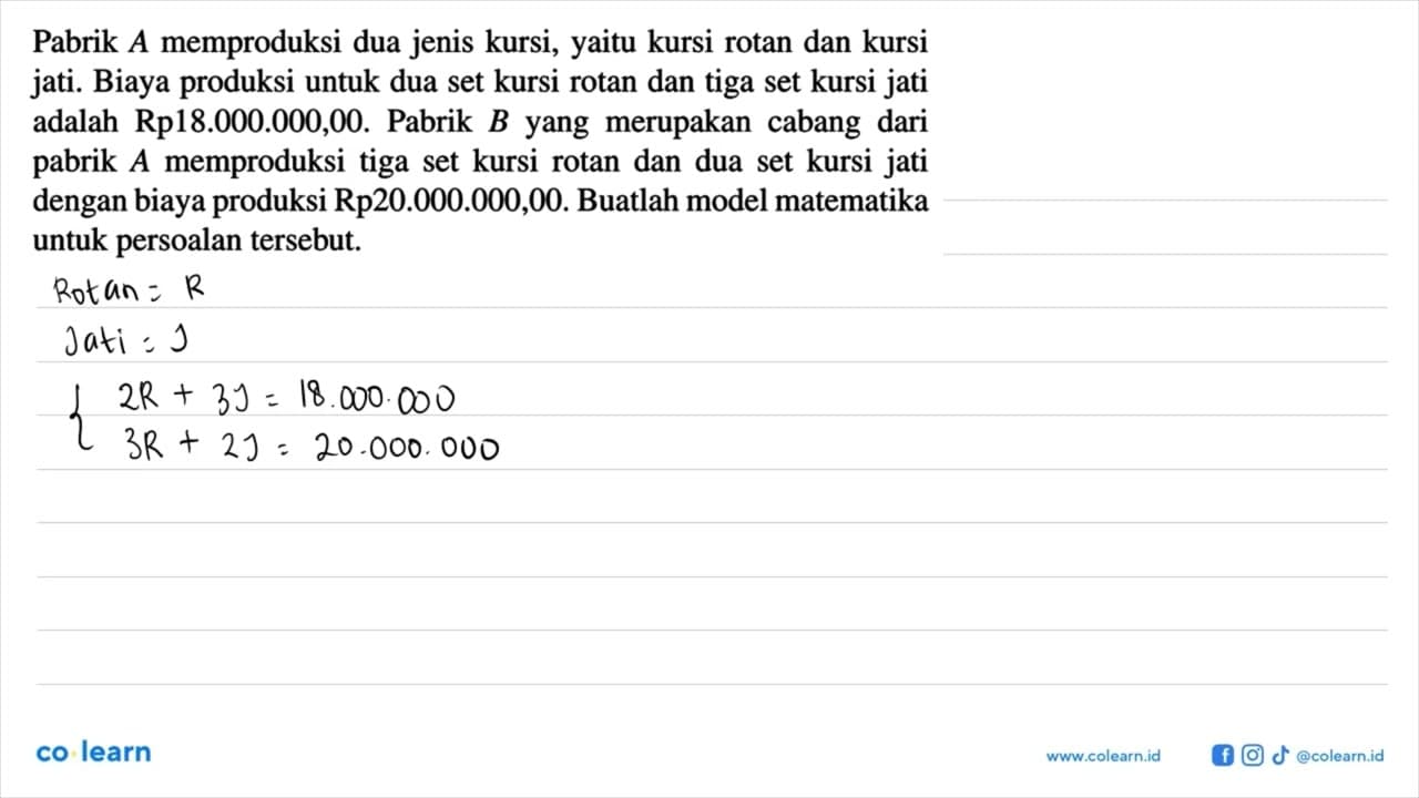 Pabrik A memproduksi dua jenis kursi, yaitu kursi rotan dan