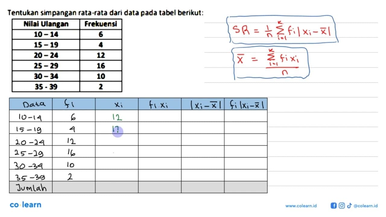 Tentukan simpangan rata-rata dari data pada tabel berikut: