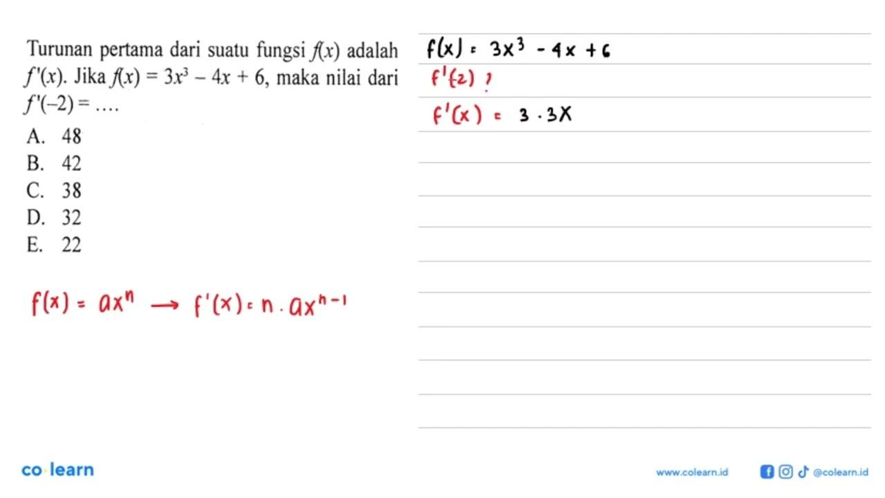 Turunan pertama dari suatu fungsi f(x) adalah f'(x). Jika