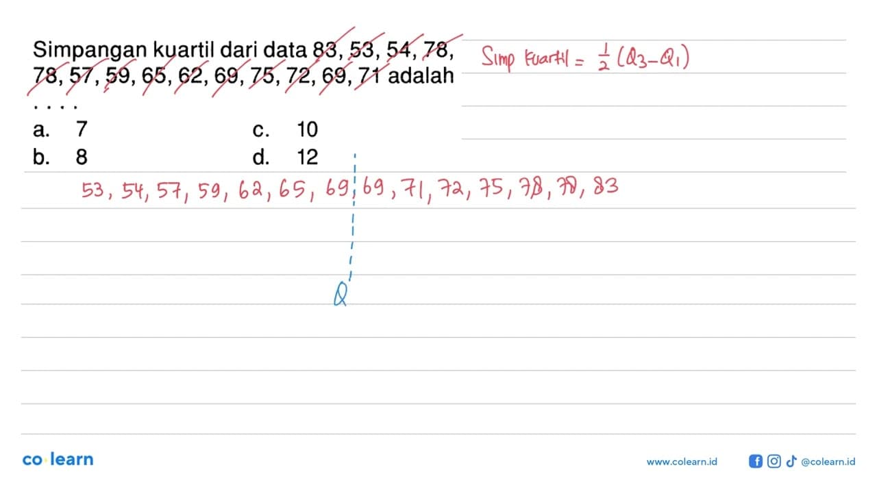 Simpangan kuartil dari data 83, 53, 54, 78, 78, 57, 59, 65,