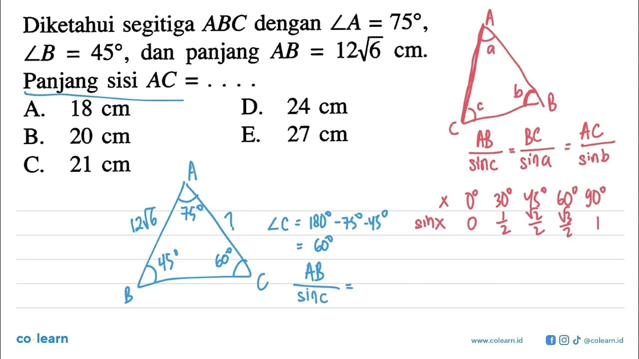 Diketahui segitiga ABC dengan sudut A=75, sudut B=45, dan