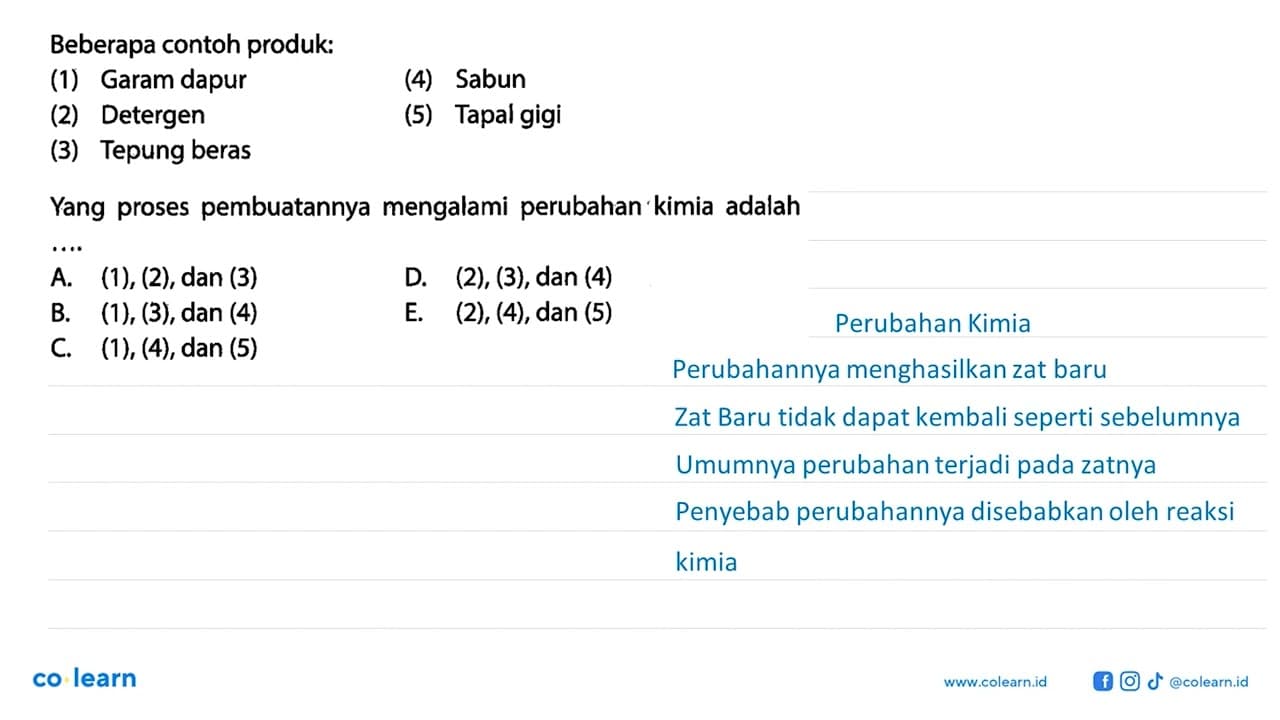 Beberapa contoh produk: (1) Garam dapur (2) Detergen (3)