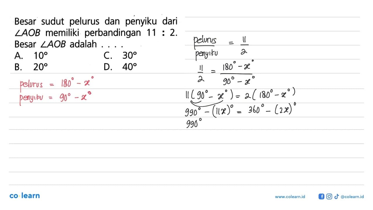 Besar sudut pelurus dan penyiku dari sudut AOB memiliki