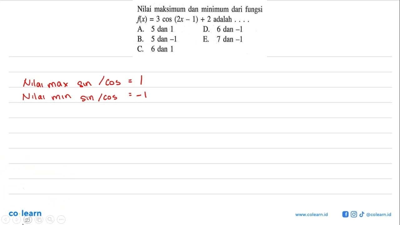 Nilai maksimum dan minimum dari fungsi f(x)=3cos(2x-1)+2