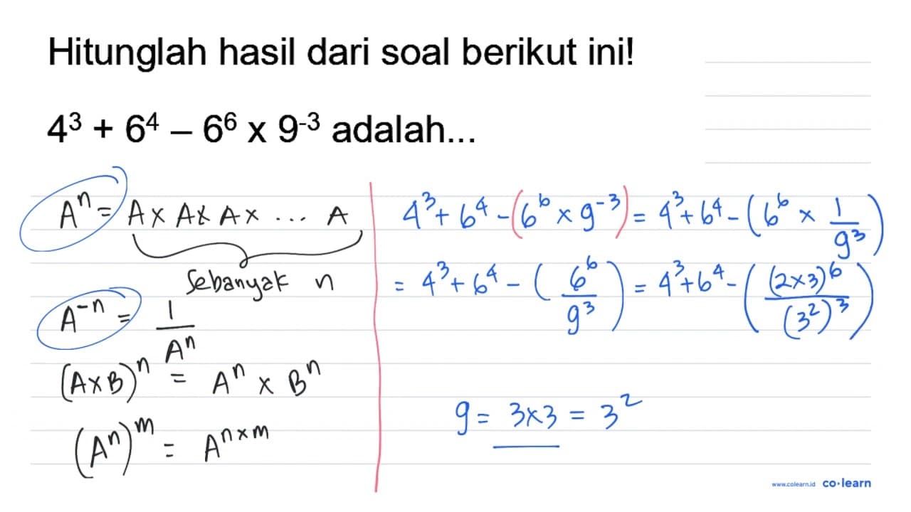 Hitunglah hasil dari soal berikut ini! 4^(3)+6^(4)-6^(6) x