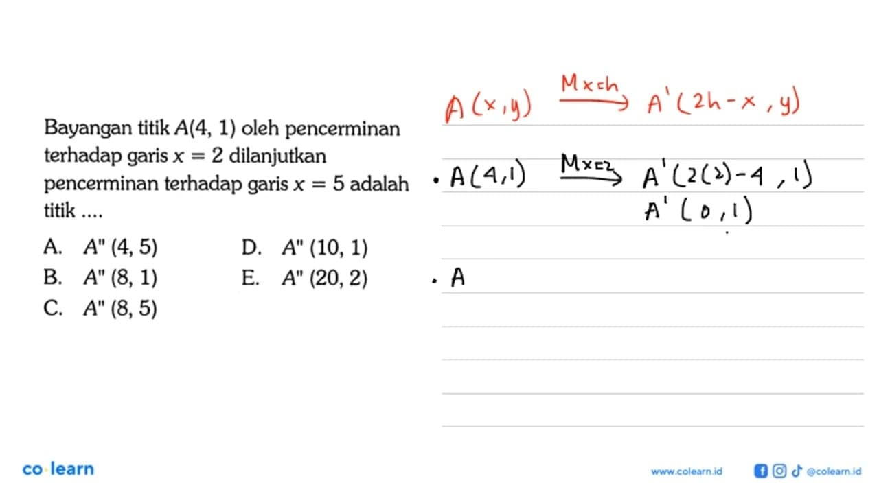 Bayangan titik A(4,1) oleh pencerminan terhadap garis x=2