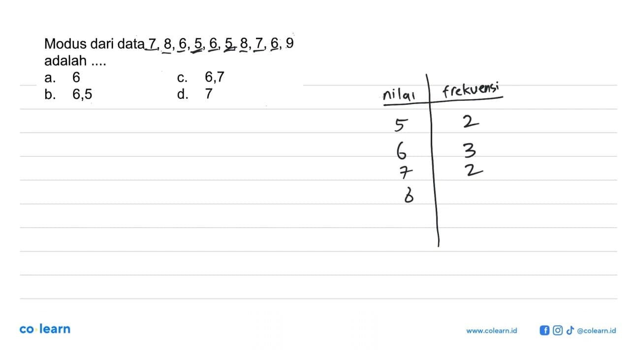 Modus dari data 7,8,6,5,6,5,8,7,6,9 adalah ....