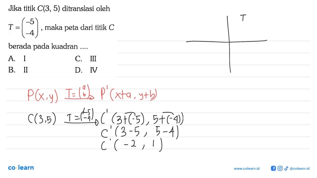 Jika titik C(3,5) ditranslasi oleh T=(-5 -4), maka peta