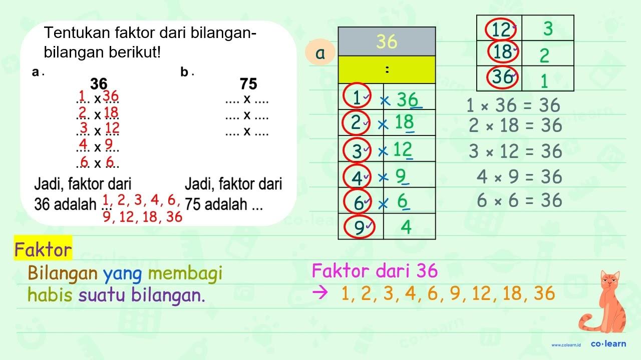 Tentukan faktor dari bilangan-bilangan berikut! a. 36 b .