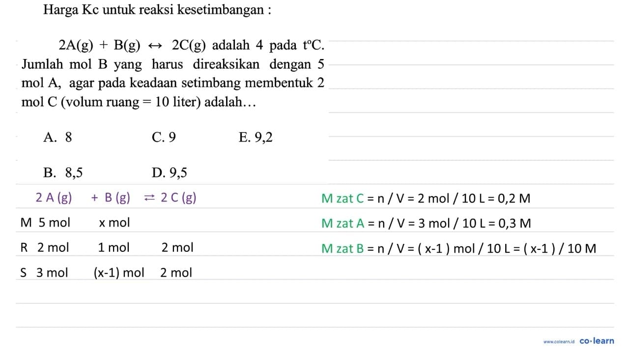 Harga Kc untuk reaksi kesetimbangan : 2 A(g)+B(g) <--> 2