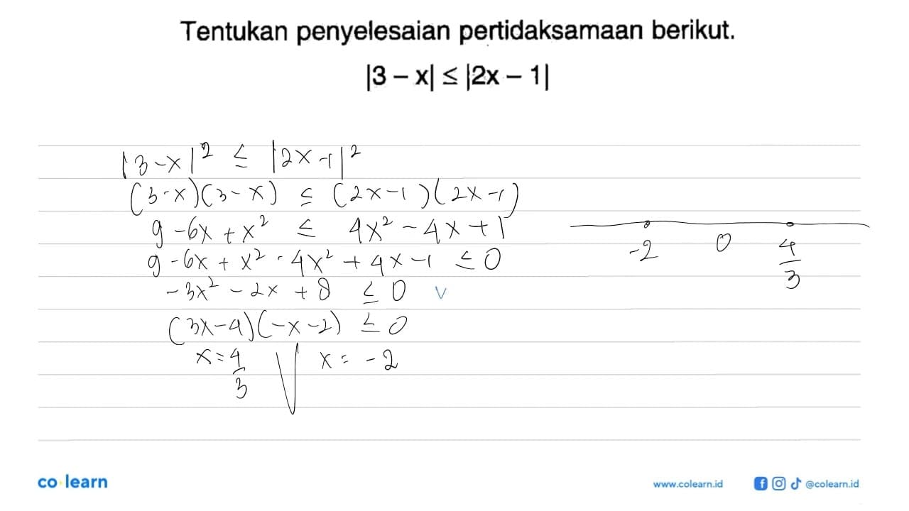 Tentukan penyelesaian pertidaksamaan berikut. |3-x|<=|2x-1|