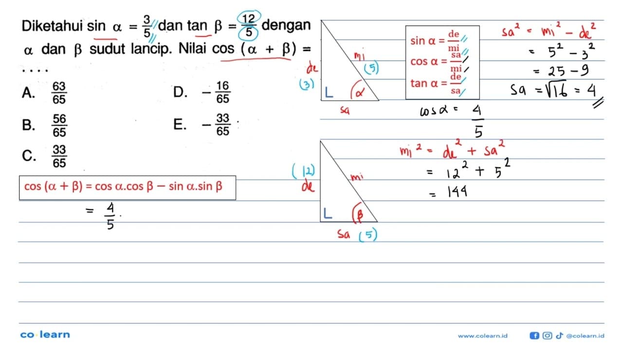 Diketahui sin alpha =3/5 dan tan beta=12/5 dengan alpha dan