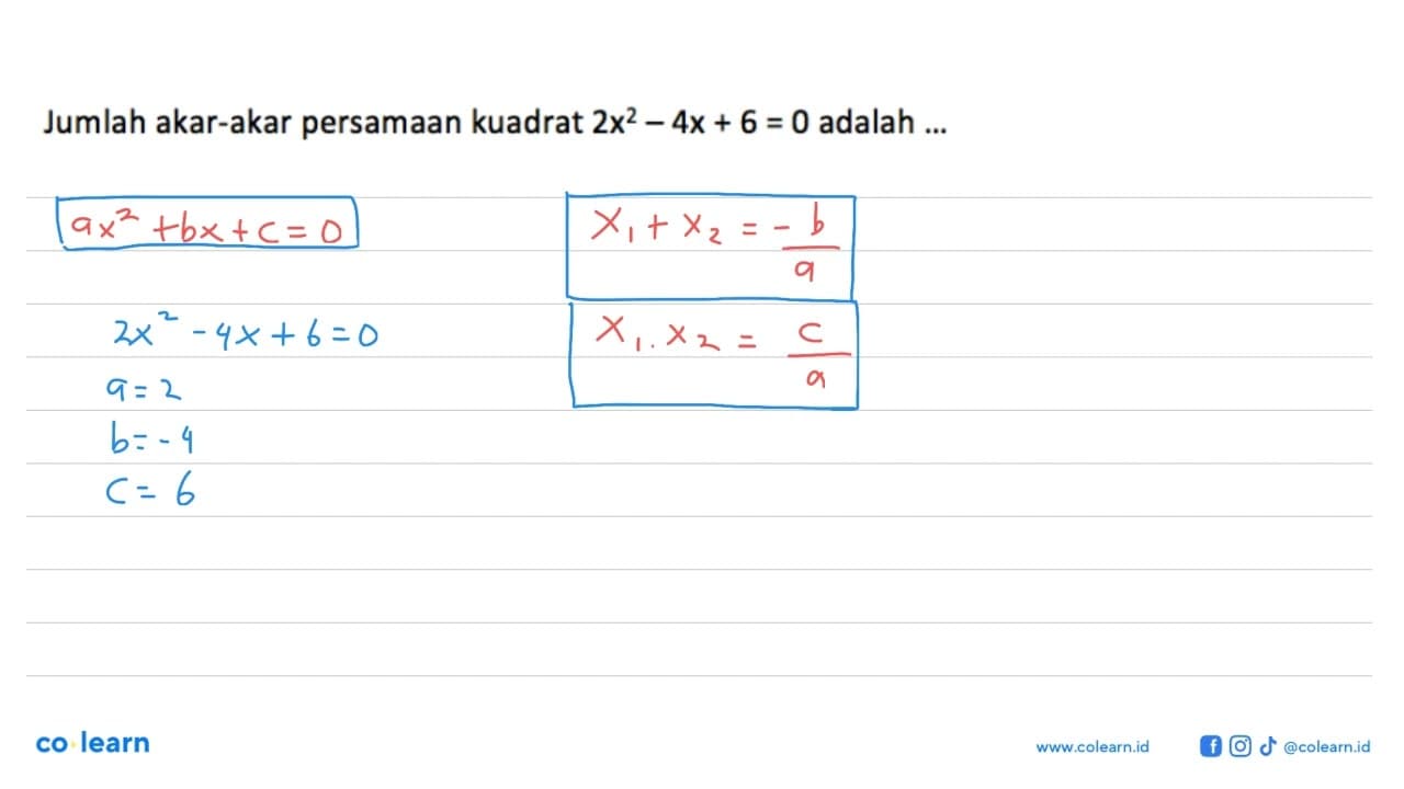 Jumlah akar-akar persamaan kuadrat 2x^2 - 4x + 6 = 0 adalah