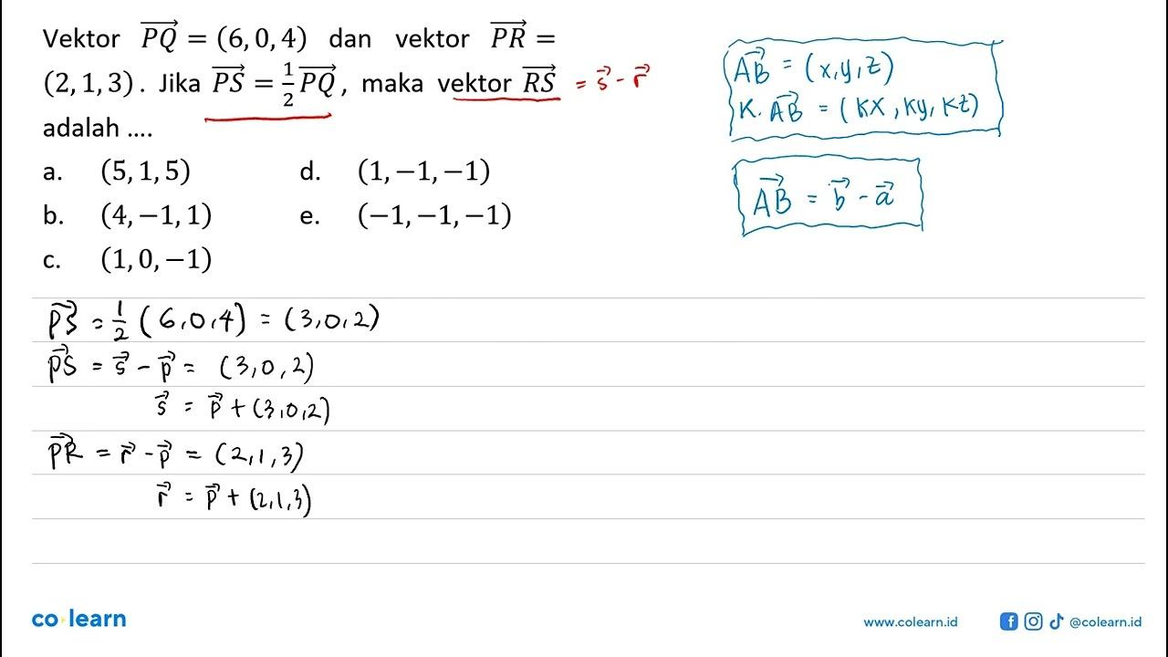 Vektor PQ=(6,0,4) dan vektor PR= (2,1,3). Jika vektor