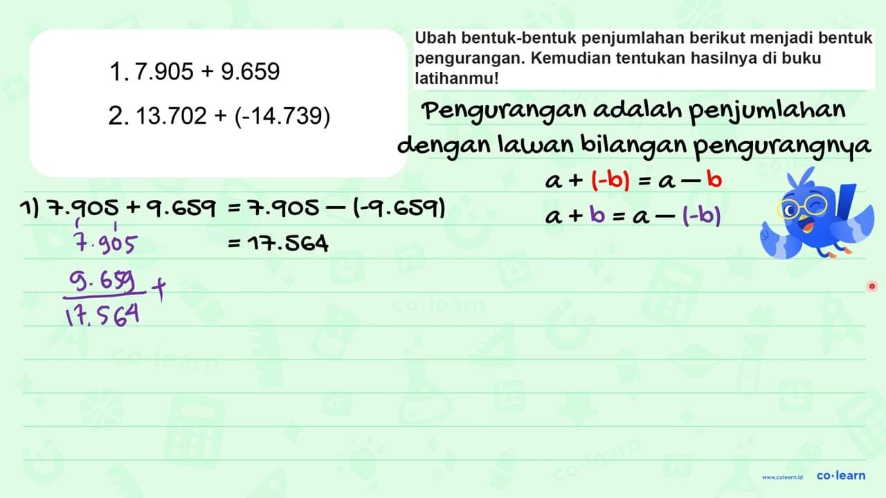 1. 7.905 + 9.659 2. 13.702 + (-14.739)