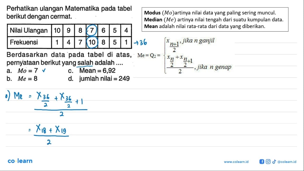 Perhatikan ulangan Matematika pada tabel berikut dengan