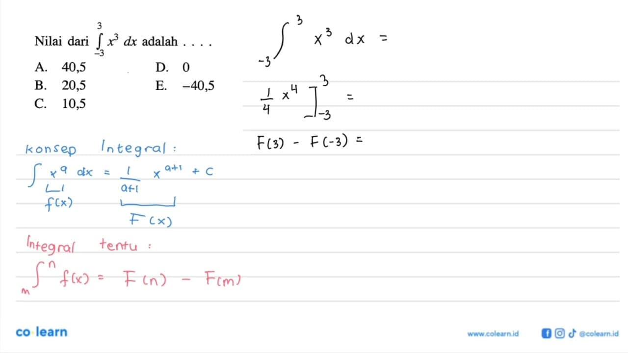 Nilai dari integral -3 3 x^3 dx adalah ...