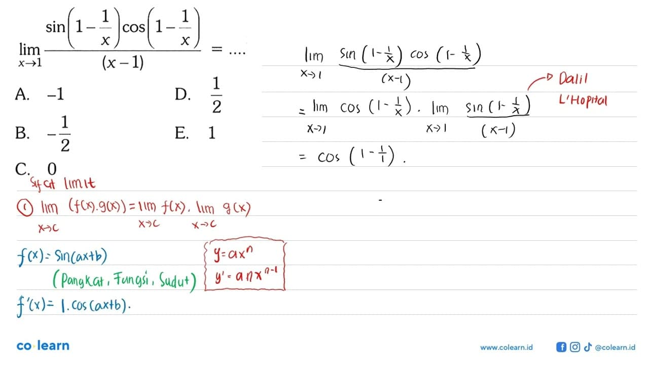 lim x->1 (sin(1-1/x)cos(1-1/x))/(x-1)= ...