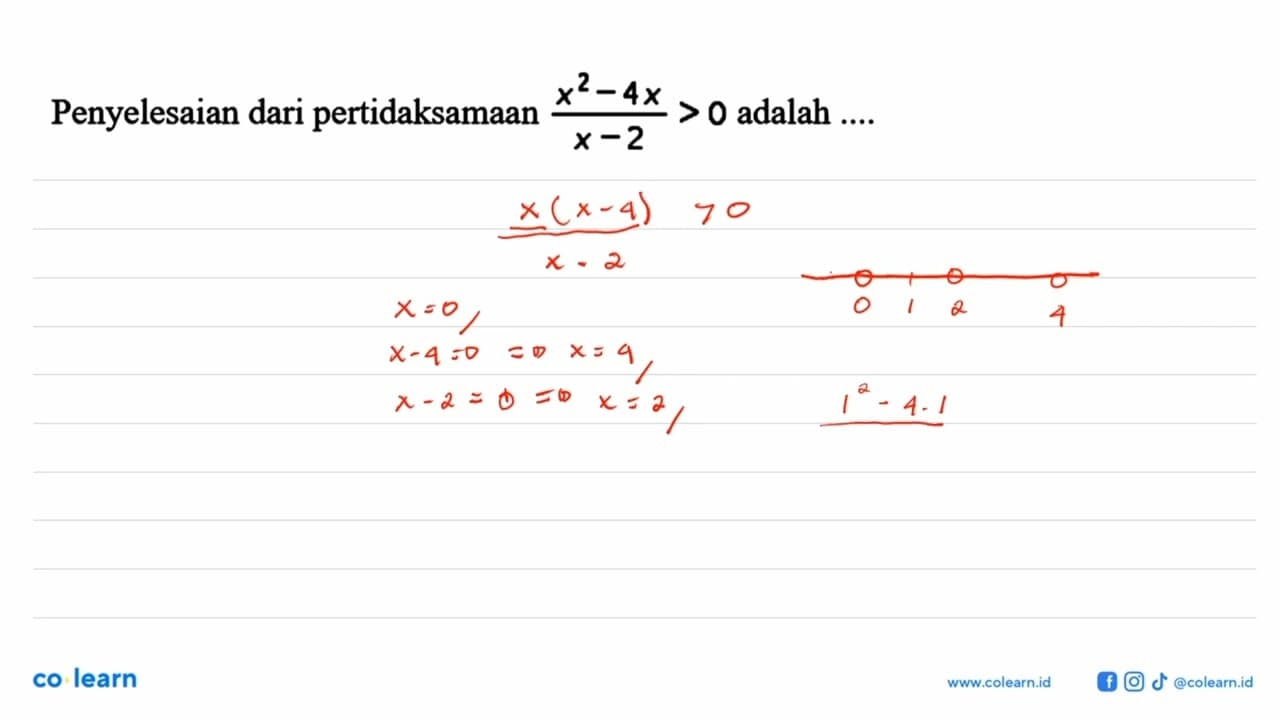 Penyelesaian dari pertidaksamaan (x^2-4x)/(x-2)>0 adalah