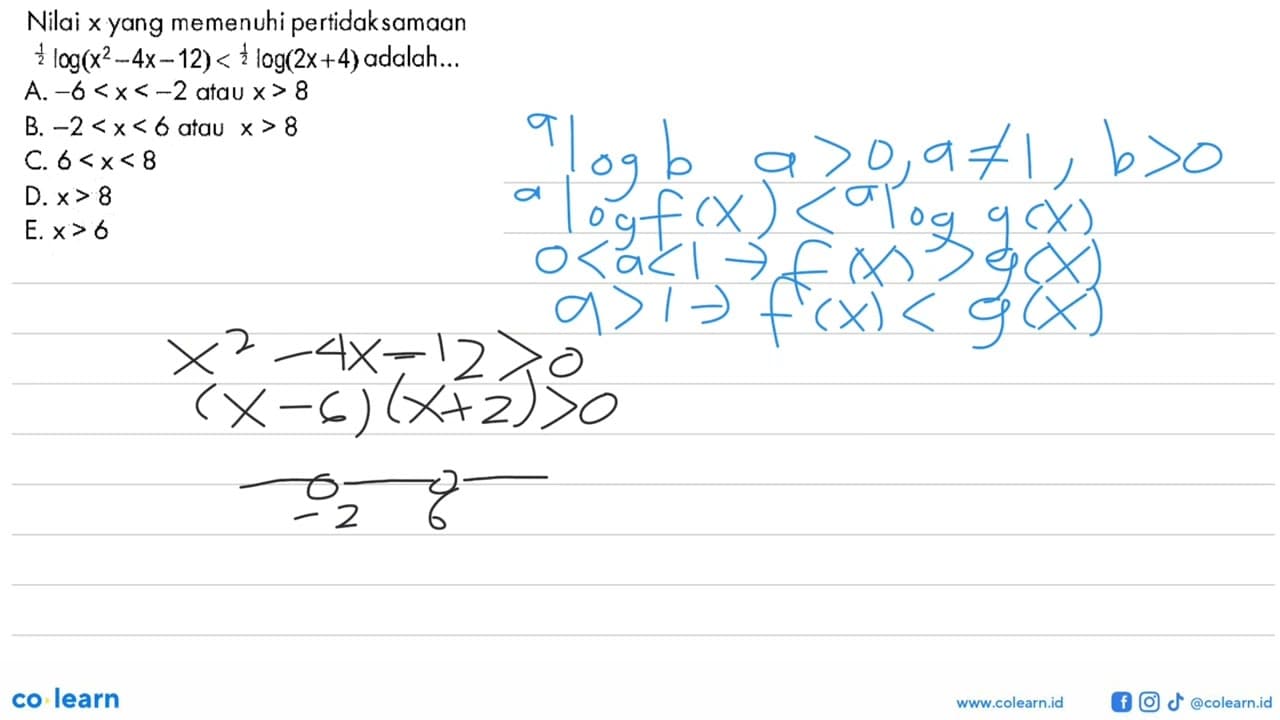 Nilai x yang memenuhi pertidaksamaan (1/2)log(x^2-4x-12) <