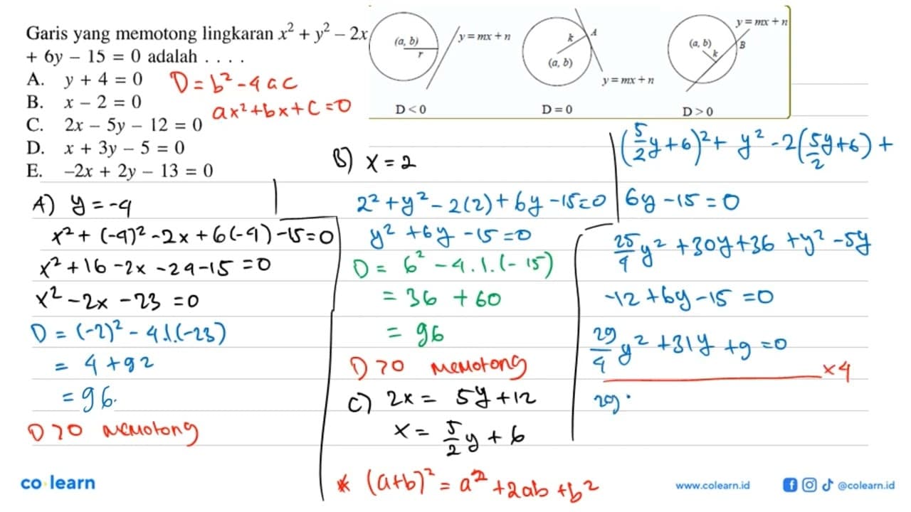 Garis yang memotong lingkaran x^2+y^2-2x+6y-15=0 adalah...