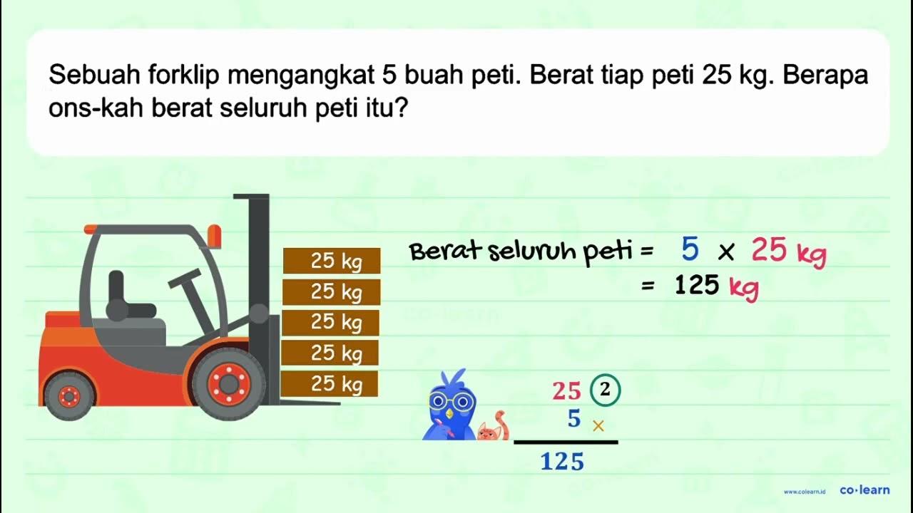 Sebuah forklip mengangkat 5 buah peti. Berat tiap peti 25