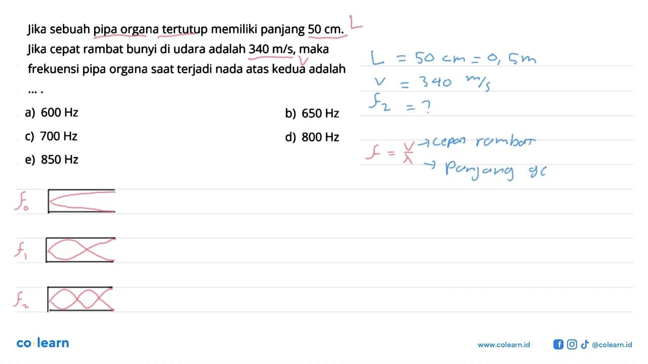 Jika sebuah pipa organa tertutup memiliki panjang 50 cm.