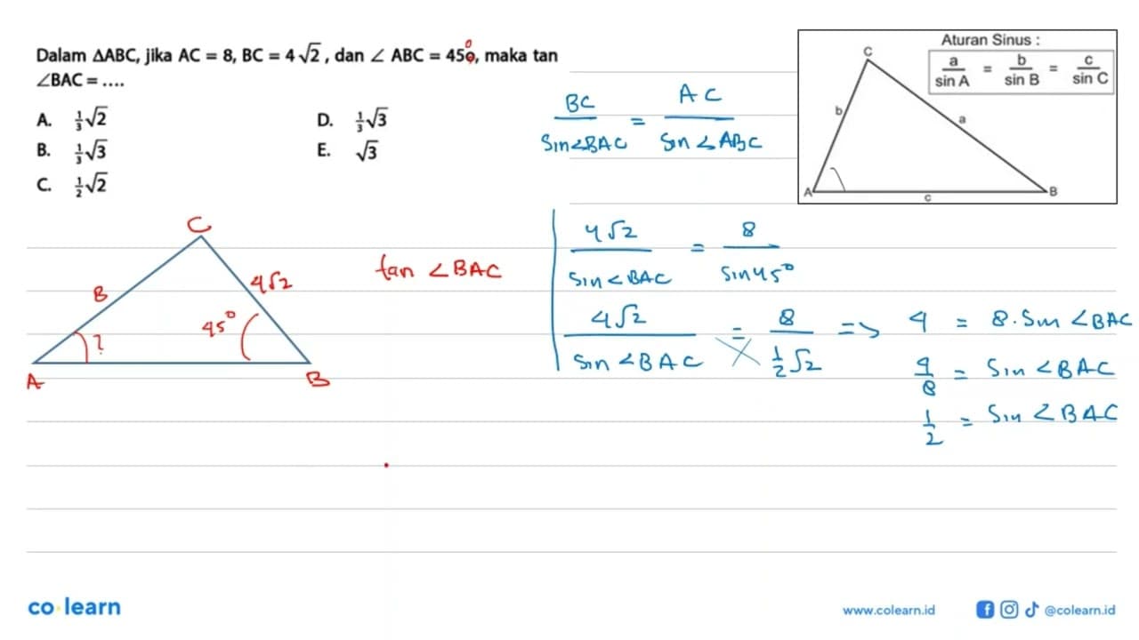 Dalam segitiga ABC, jika AC=8, BC=4(2^(1/2)), dan sudut