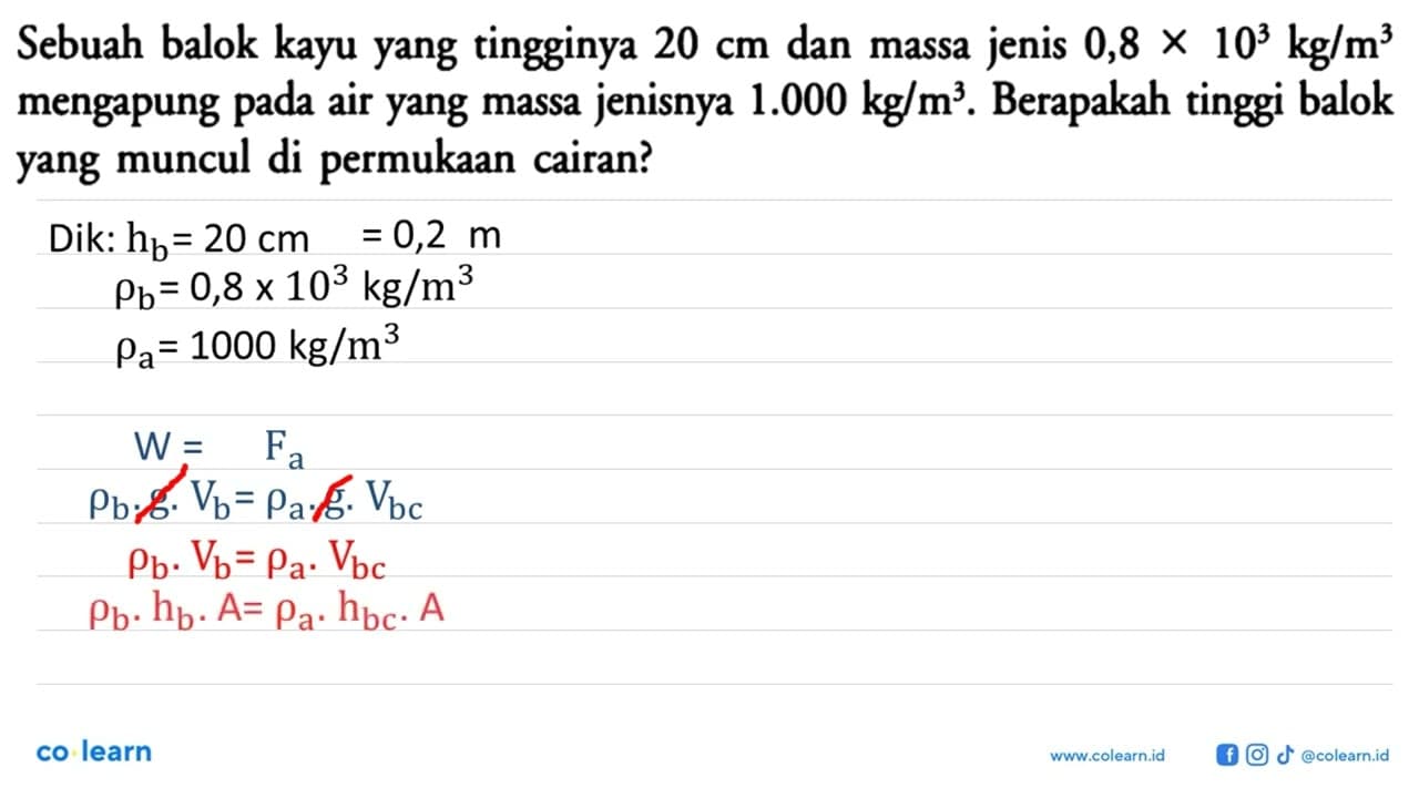 Sebuah balok kayu yang tingginya 20 cm dan massa jenis 0,8