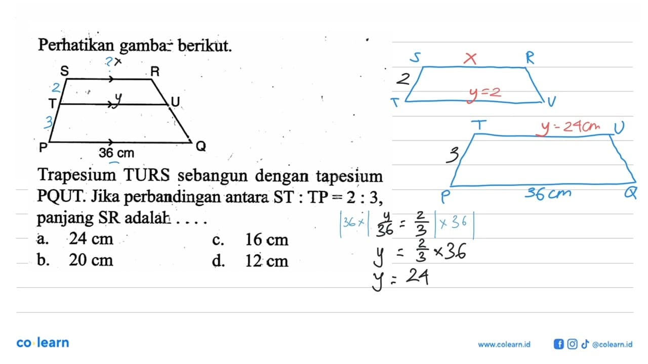 Perhatikan gambar berikut. 36 cmTrapesium TURS sebangun