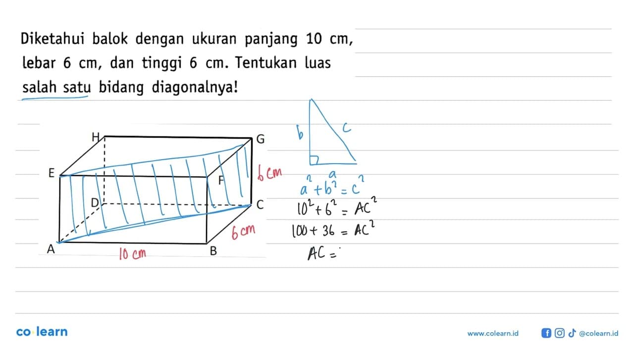 Diketahui balok dengan ukuran panjang 10 cm , lebar 6 cm ,