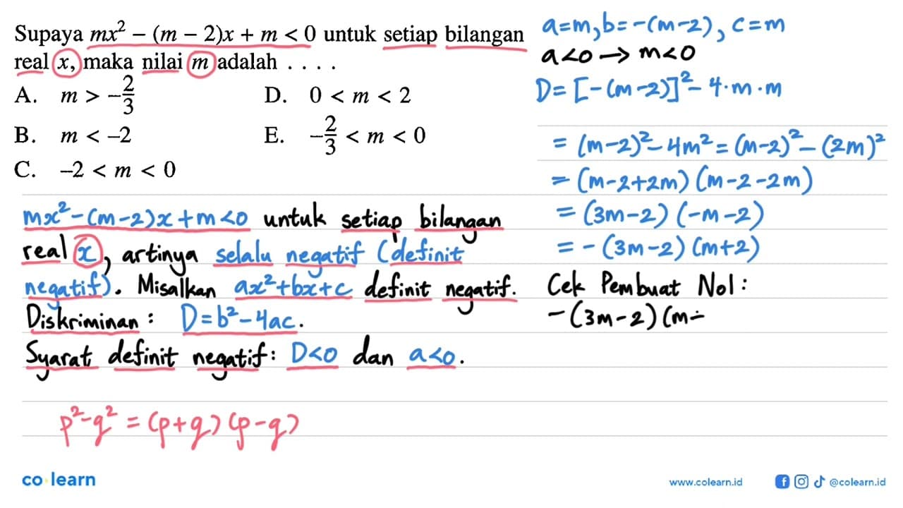 Supaya mx^2-(m-2)x+m<0 untuk setiap bilangan real x, maka