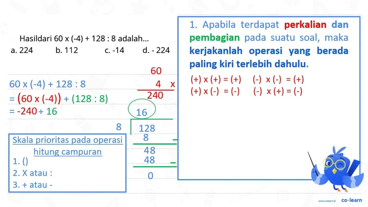 Hasildari 60 x(-4)+128: 8 adalah... a. 224 b. 112 C. -14 d.