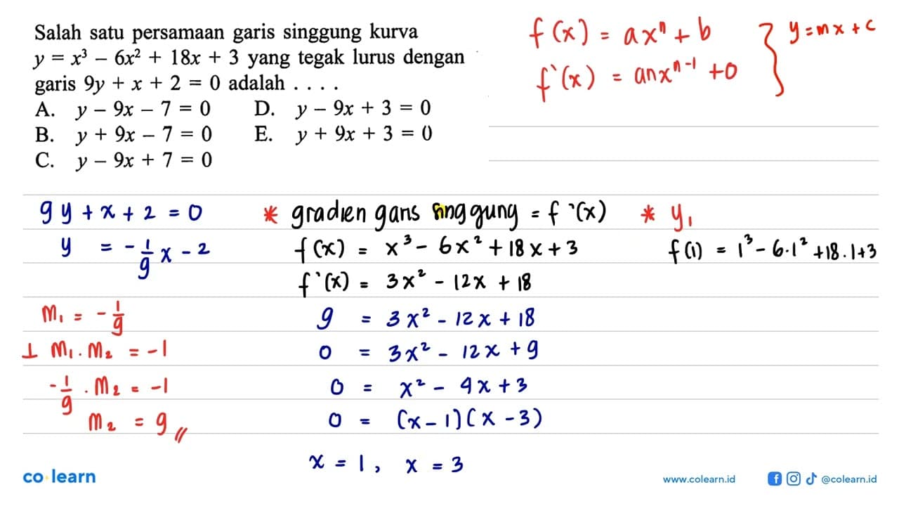 Salah satu persamaan garis singgung kurva y=x^3-6x^2+18x+3