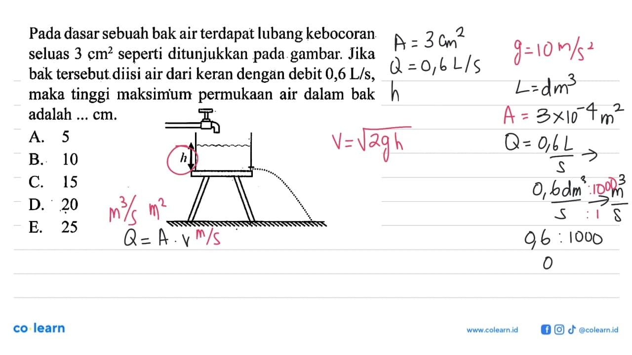 Pada dasar sebuah bak air terdapat lubang kebocoran seluas