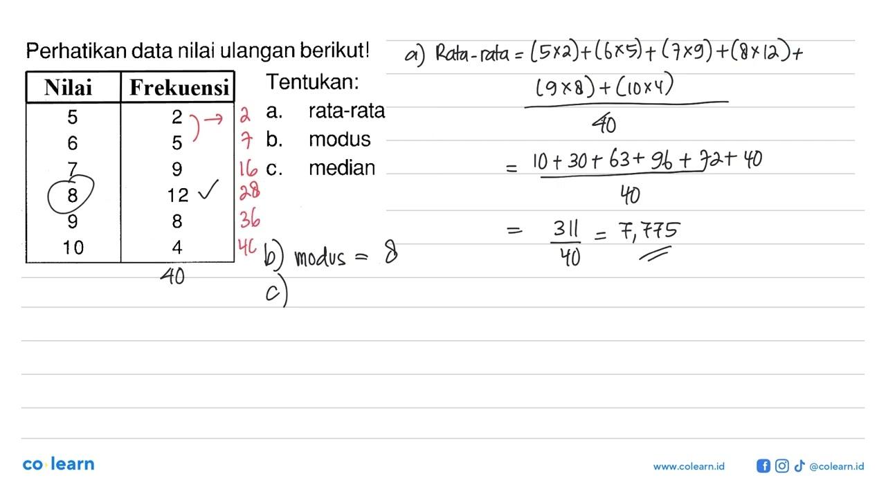 Perhatikan data nilai ulangan berikut! Nilai Frekuensi 5 2