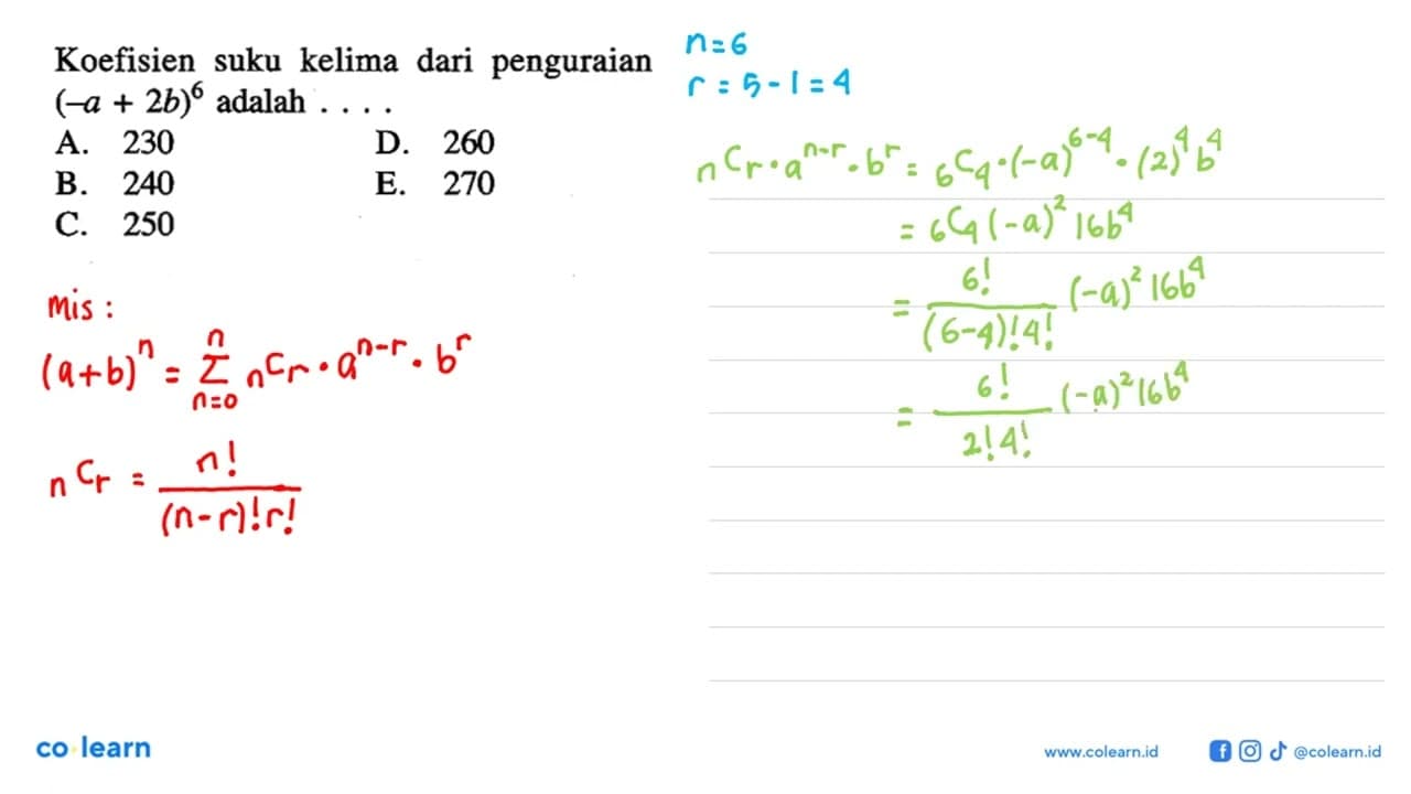 Koefisien suku kelima dari penguraian (-a+2b)^6 adalah ...