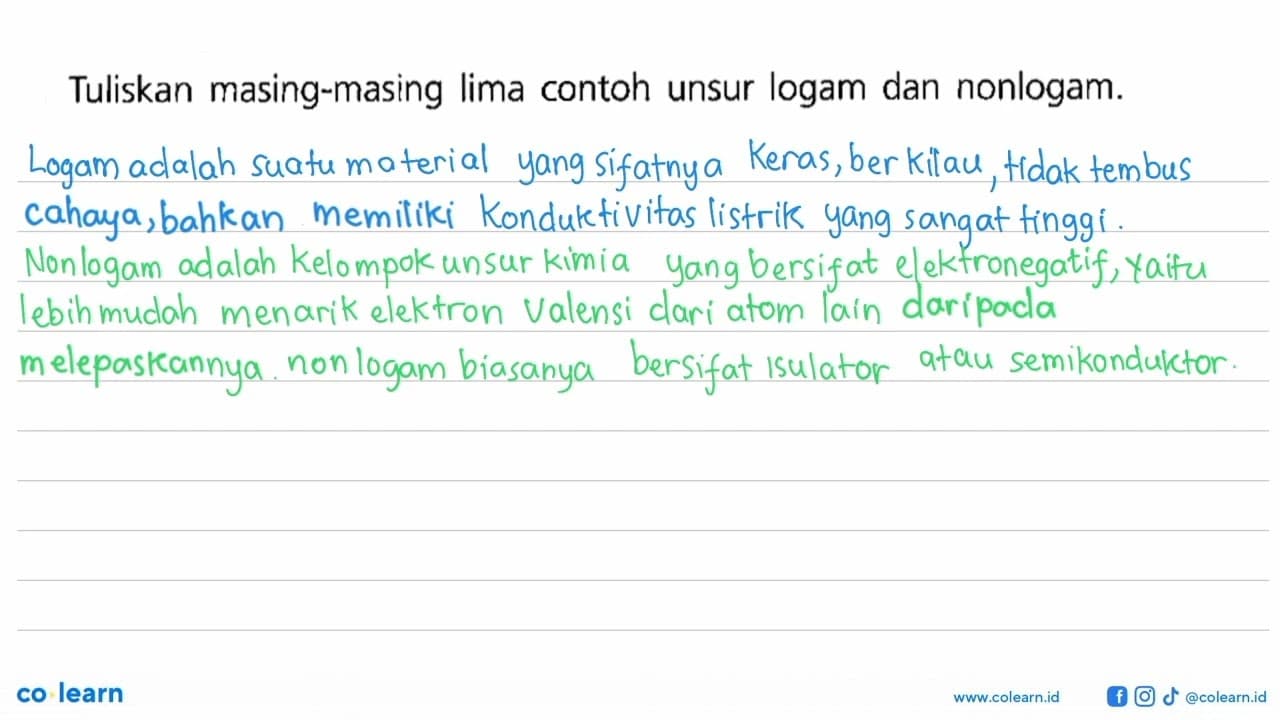 Tuliskan masing-masing Iima contoh unsur logam dan