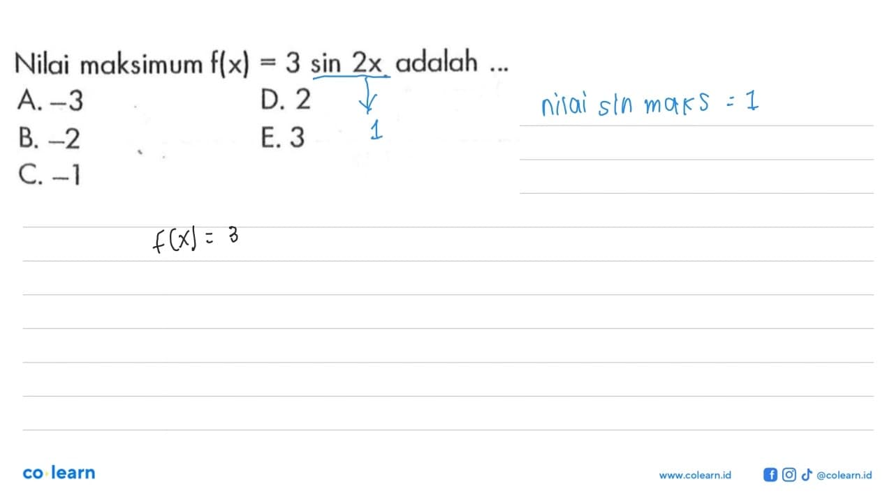 Nilai maksimum f(x)=3 sin 2x adalah