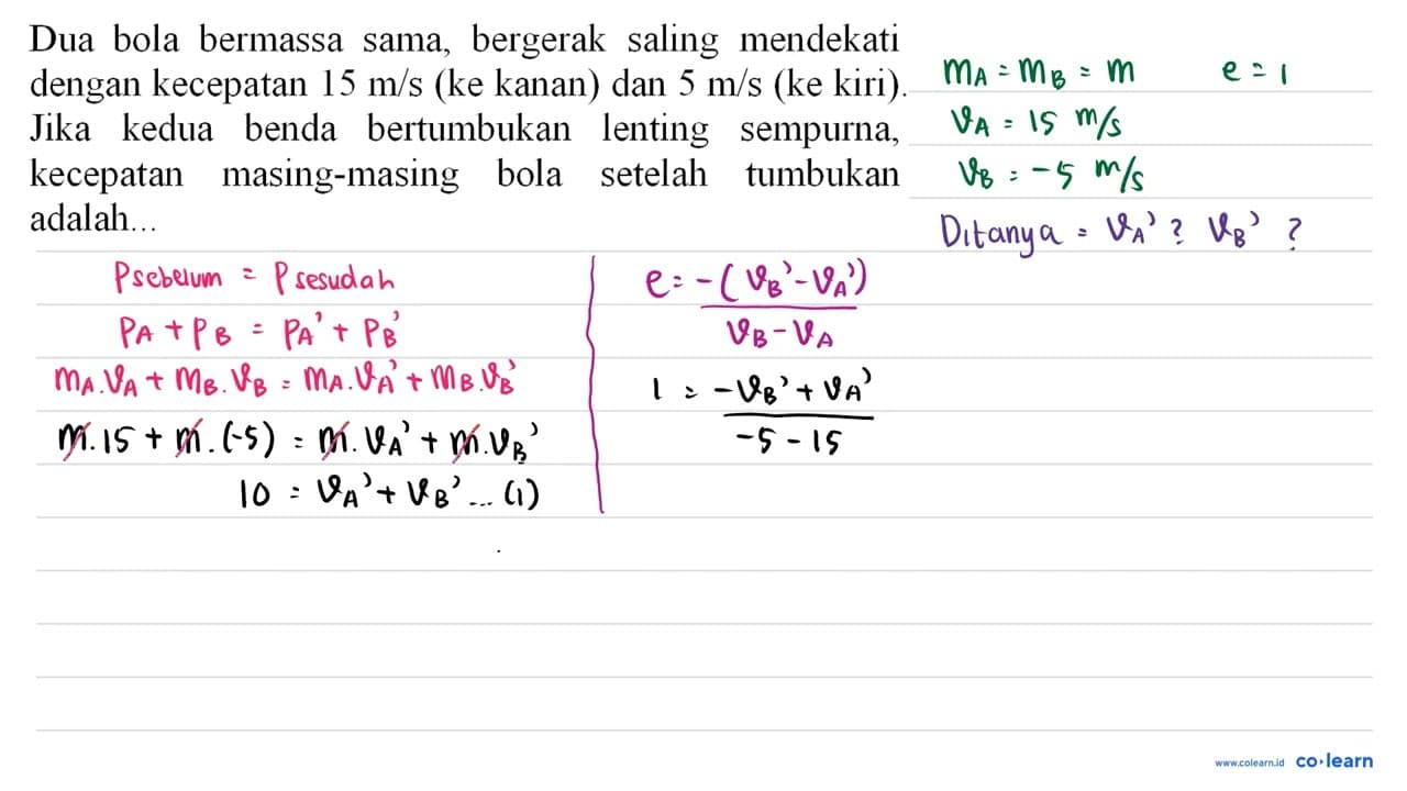 Dua bola bermassa sama, bergerak saling mendekati dengan