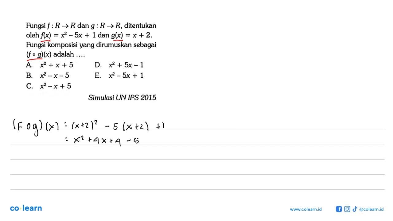 Fungsi f:R->R dan g:R->R, ditentukan oleh f(x)=x^2-5x+1 dan