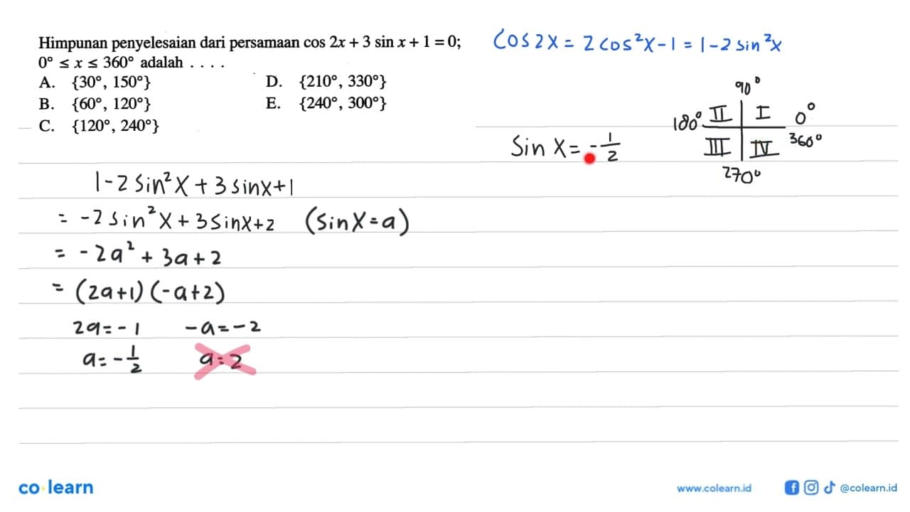 Himpunan penyelesaian dari persamaan xos 2x+3 sin x+1=0;