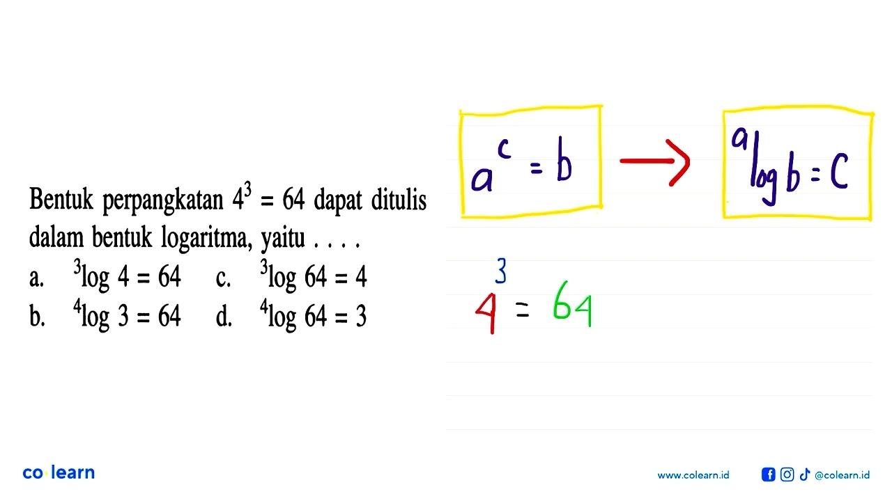 Bentuk perpangkatan 4^3=64 dapat ditulis dalam bentuk