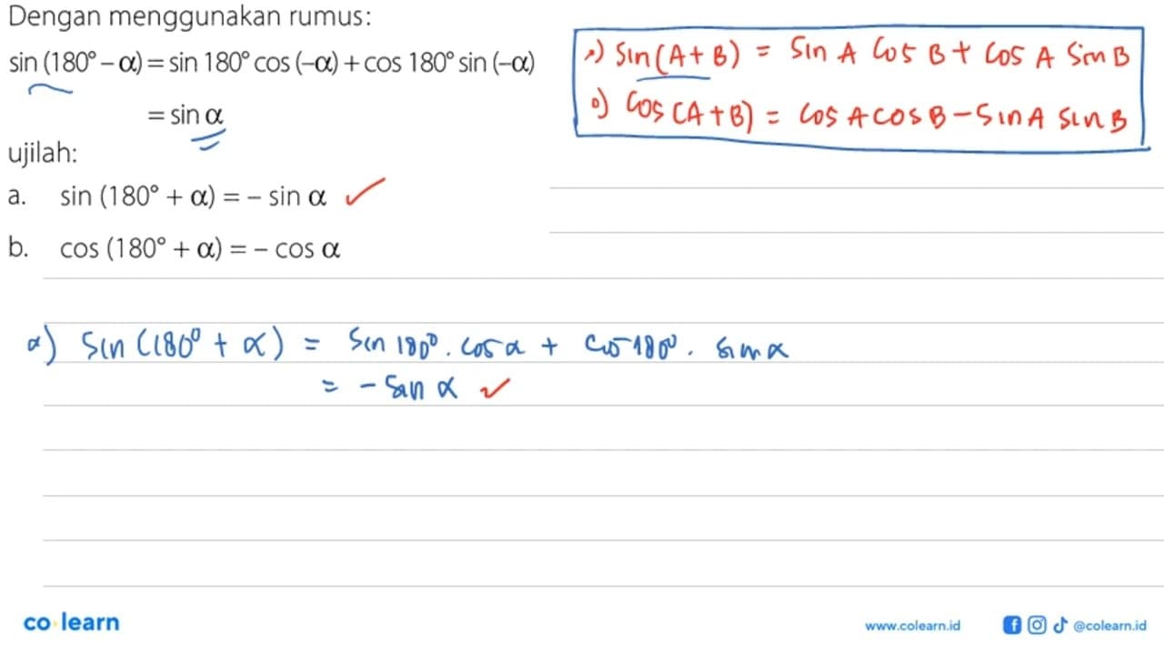 Dengan menggunakan rumus: sin (180-alpha)=sin 180 cos